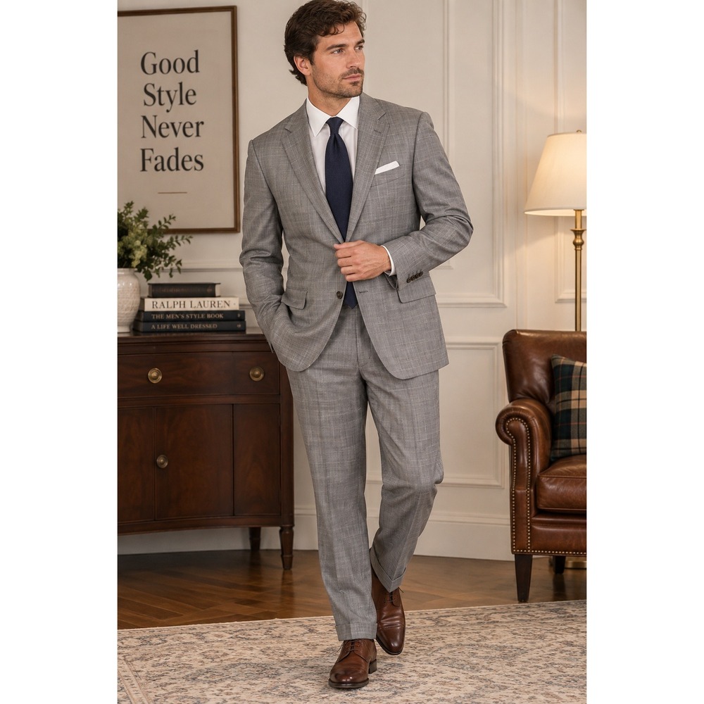 Lauren Ralph Lauren Mens 46R Grey Glen Plaid 100% Wool Suit Pleated Cuffed